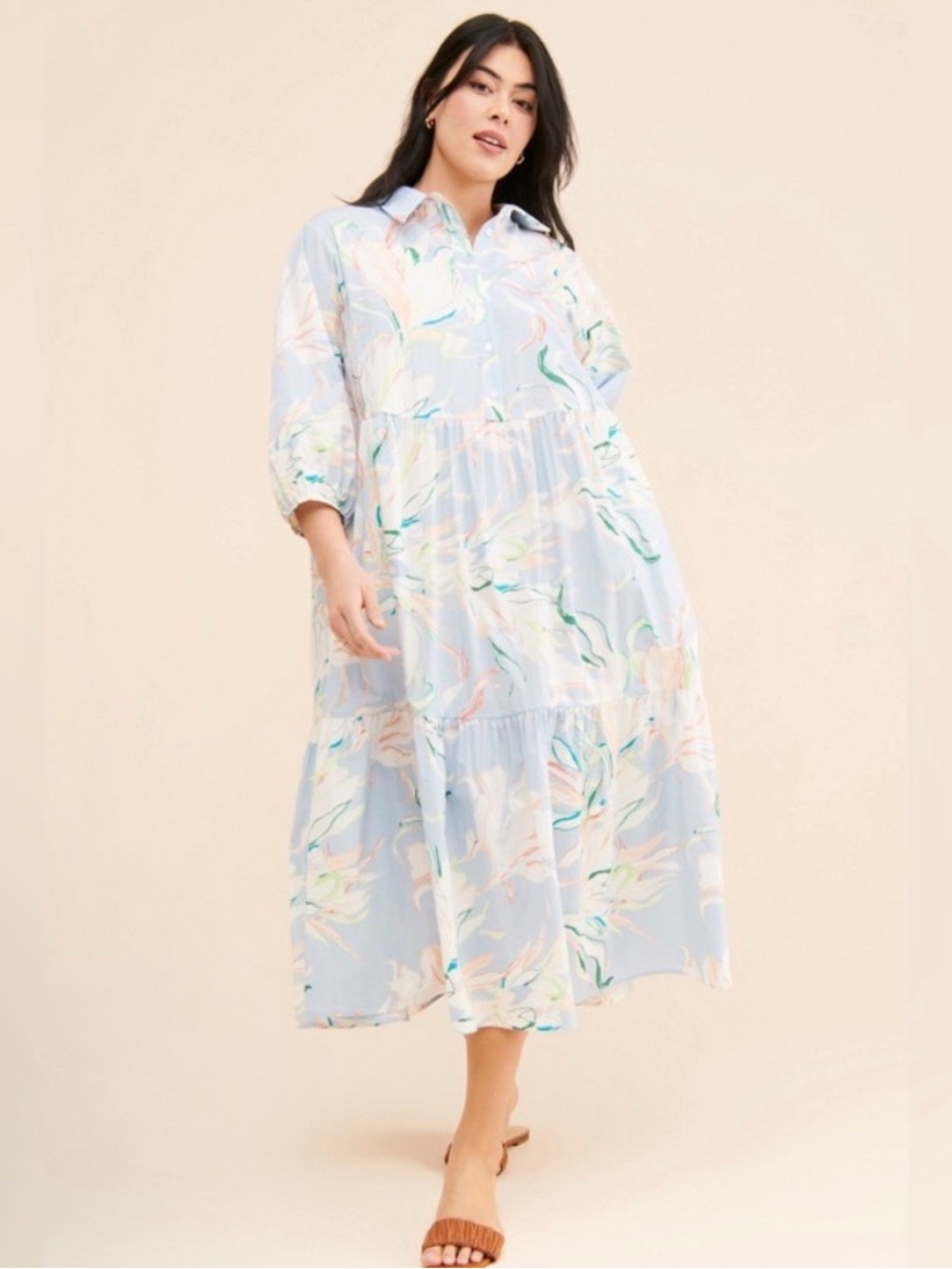 Anthropologie Maeve Bettina Blue Floral Maxi Shirt Dress | M